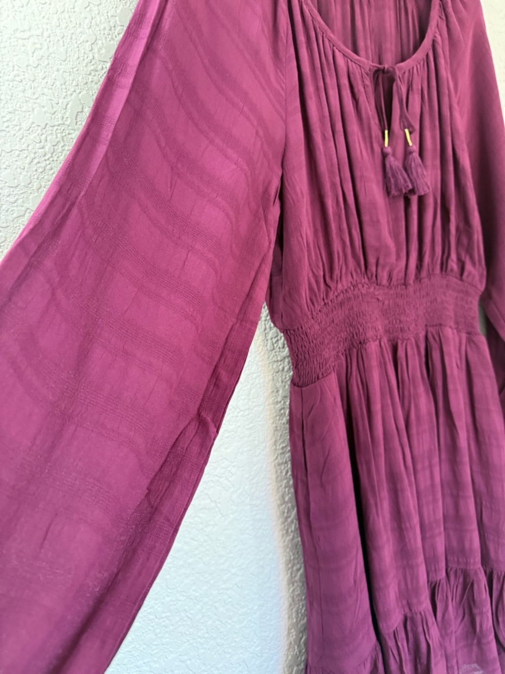 Idyllwind Western Boho Peasant Mini Dress Burgundy Tassel Tie | Size M - Picture 10 of 14